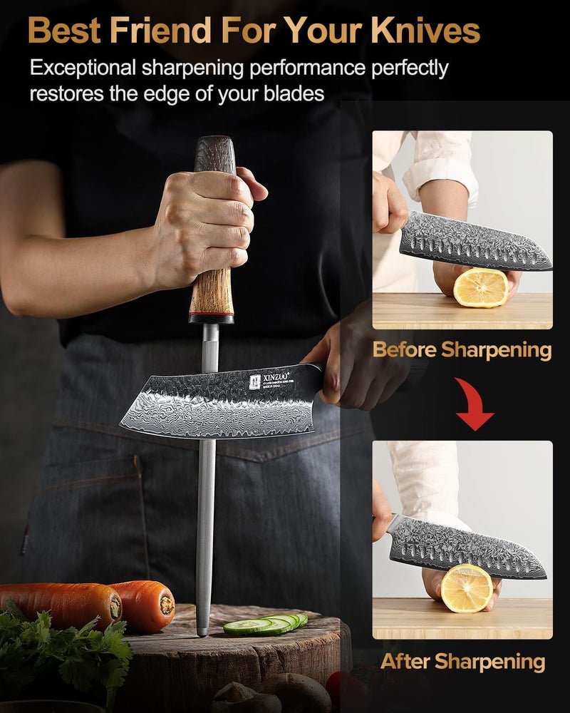 XINZUO 9.1 Inch Knife Sharpener Rod,High-Carbon Steel Hard Chrome Plating Honing Rod For Various Kitchen Knives Grinding, Pruning Shears With White Oak + Red G10 Gasket Handle - Image 5