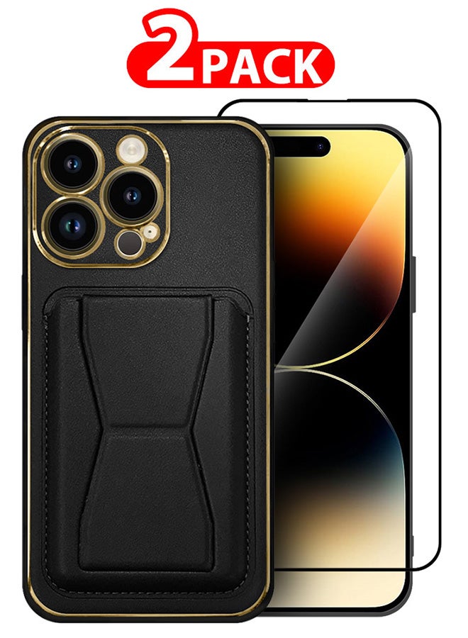 CATANES 2 Packs For iPhone 13 Pro Case Cover and Screen Protector Kickstand And Wallet Case Black - Image 1