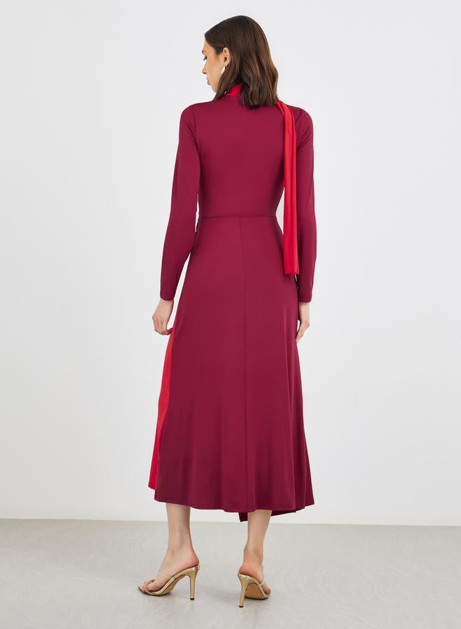 Take Two Color Block Long Sleeve A-Line Midi Dress with Ruched Detail - Image 5