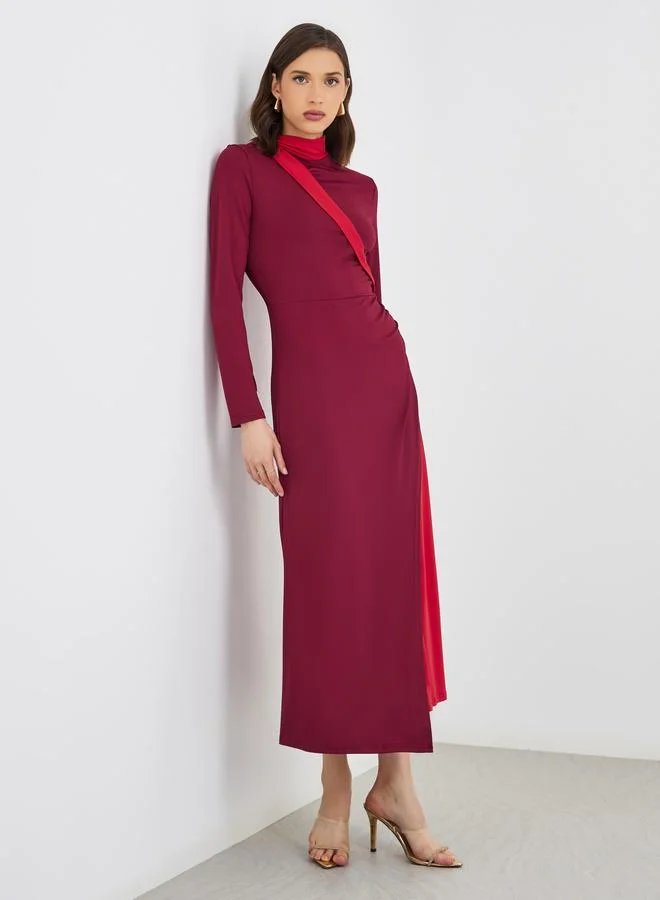 تايك تو Take Two Color Block Long Sleeve A-Line Midi Dress with Ruched Detail