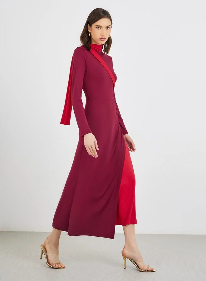 تايك تو Take Two Color Block Long Sleeve A-Line Midi Dress with Ruched Detail