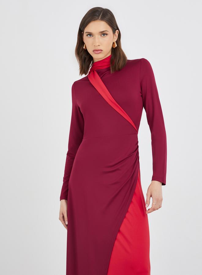 Take Two Color Block Long Sleeve A-Line Midi Dress with Ruched Detail - Image 3