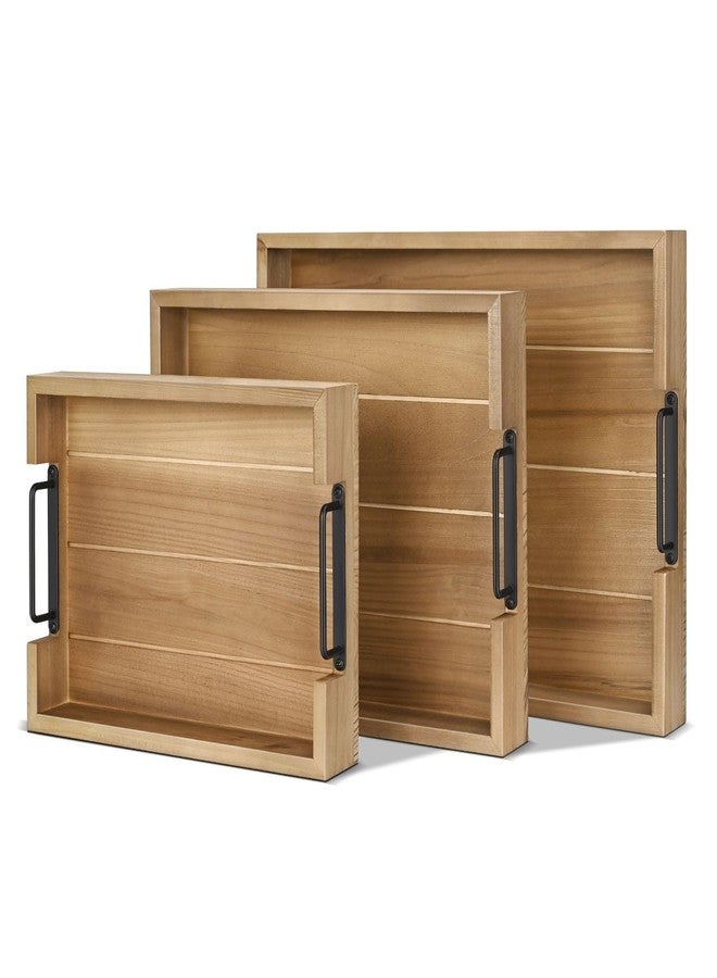 Flexzion Rustic Serving Tray Set - 3-piece Stackable Fir Wood Serving Tray with Handle, Wooden Breakfast Tray, Durable Nested Charcuterie Tray for Ottoman Coffee Table, Food & Decor Tray Set - Image 1
