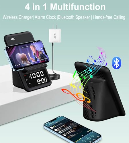 AFK Wireless Charging Station with Bluetooth Speaker and Alarm Clock,Wireless Charger Compatible with iPhone,Android Phones(Black) - Image 2