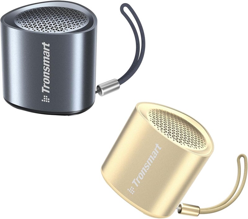Tronsmart Nimo Portable Bluetooth Speaker, Super-Compact Design, Metal Craft, Mini Speaker with Lanyard, IPX7 Waterproof for Shower, 12 Hours, Stereo Pairing, Hands-Free Call, 1 Pair, Black & Gold - Image 1