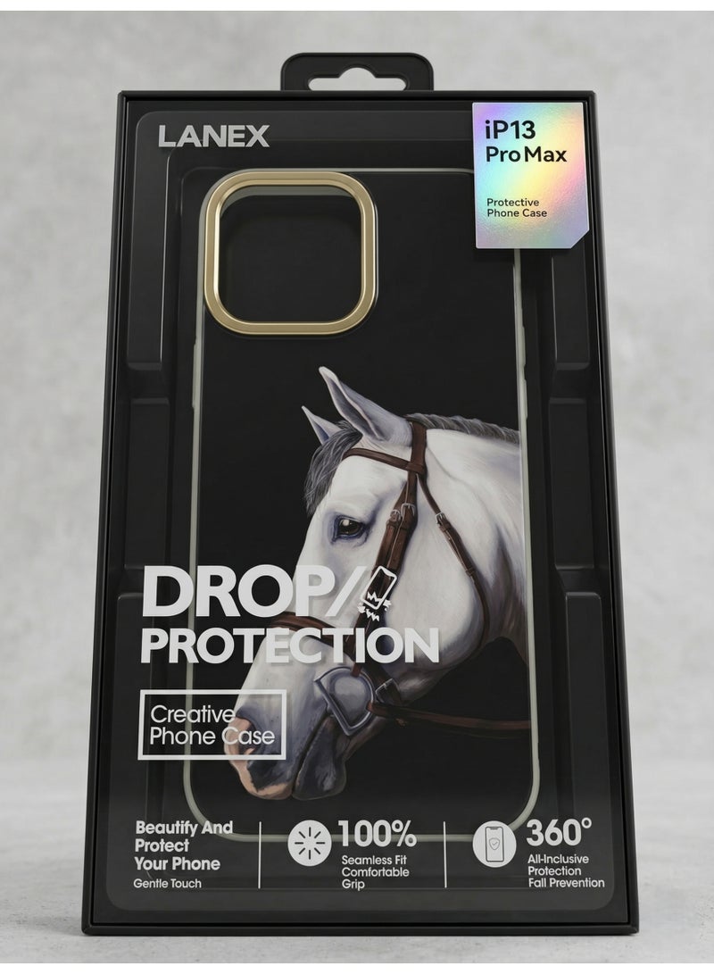 LANEX Creative Horse Art Phone Case for iPhone 13 Pro Max, Drop Protection Back Cover with Gold Camera Frame - Black - Image 5