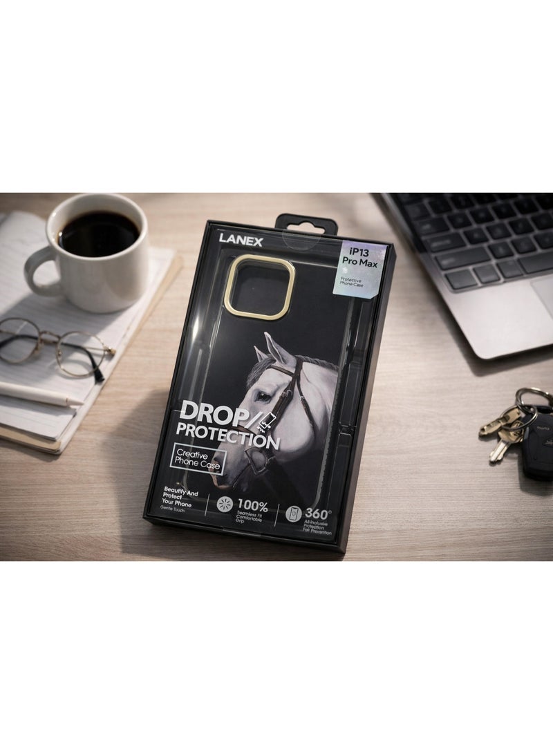 LANEX Creative Horse Art Phone Case for iPhone 13 Pro Max, Drop Protection Back Cover with Gold Camera Frame - Black - Image 3