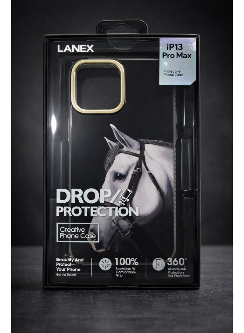 LANEX Creative Horse Art Phone Case for iPhone 13 Pro Max, Drop Protection Back Cover with Gold Camera Frame - Black - Image 2