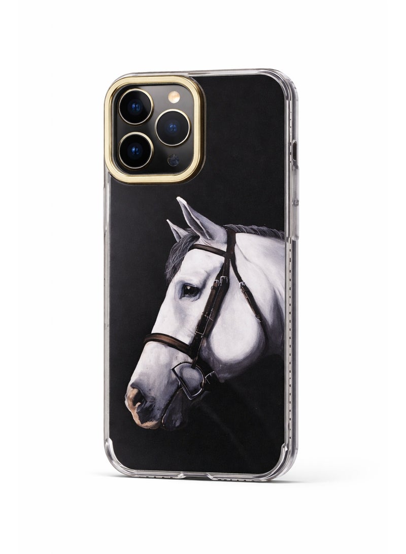 LANEX Creative Horse Art Phone Case for iPhone 13 Pro Max, Drop Protection Back Cover with Gold Camera Frame - Black - Image 1