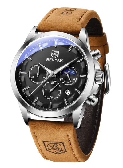 بينيار بواسطة بينيار الرجال ساعة كرونوغراف 30 متر للماء مضيئة كلاسيكية ساعات الأزياء رقم كبير تاريخ التناظرية ساعة الكوارتز هدية أنيقة للرجال