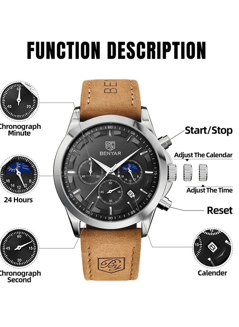 Benyar Buckle D BY BENYAR Men's Chronograph Watch 30 m Waterproof Luminous Classic Fashion Watches Large Dial Date Analogue Quartz Watch Elegant Gift for Men  | Best Price UAE