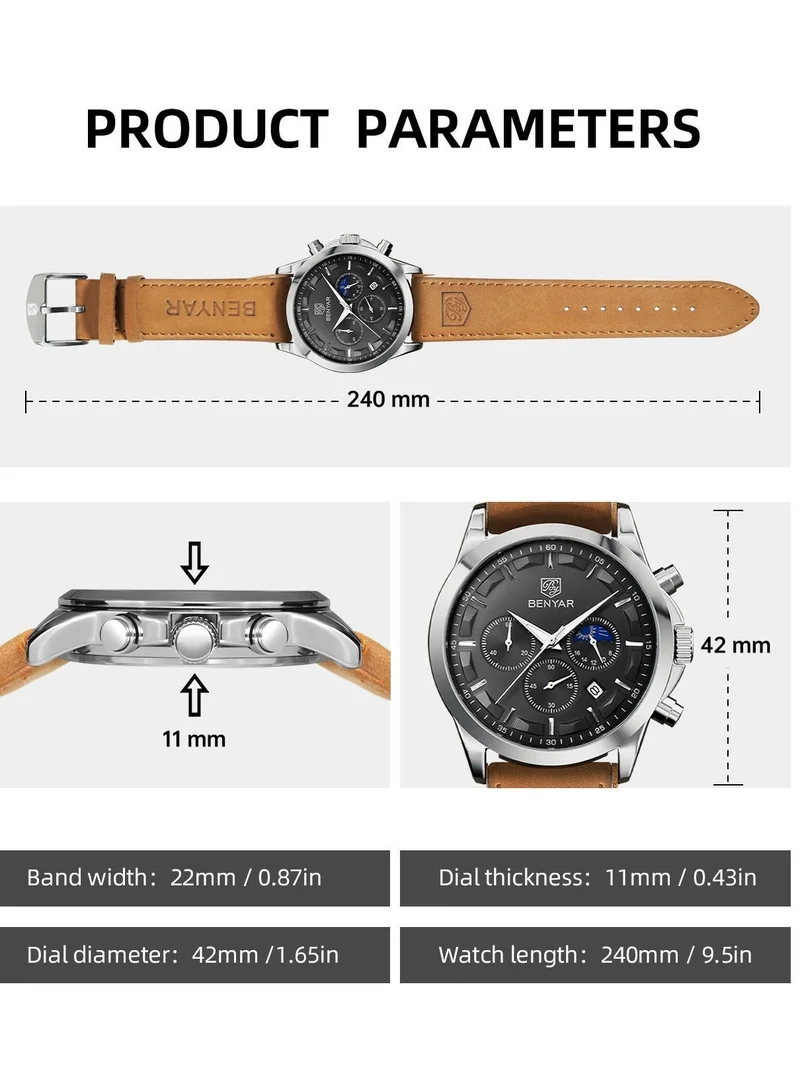 Benyar Buckle D BY BENYAR Men's Chronograph Watch 30 m Waterproof Luminous Classic Fashion Watches Large Dial Date Analogue Quartz Watch Elegant Gift for Men  | Best Price UAE