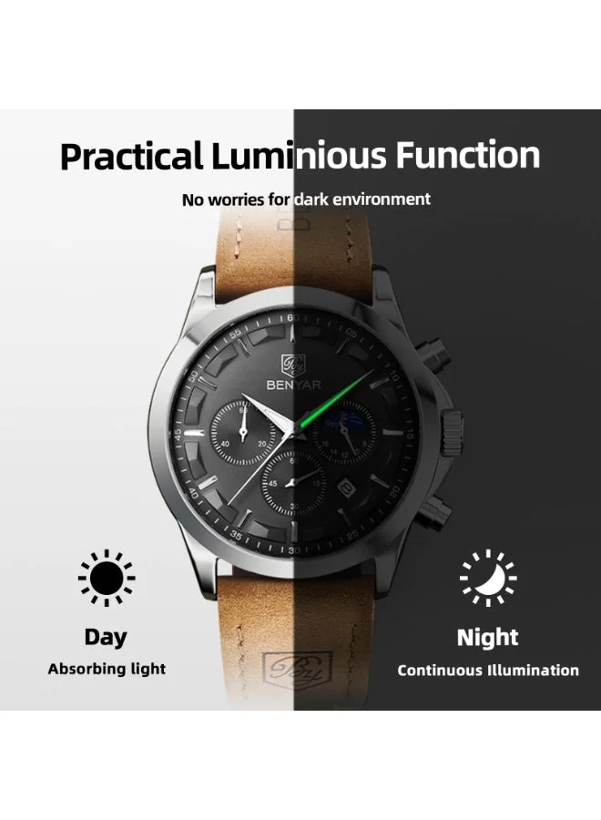 Benyar Buckle D BY BENYAR Men's Chronograph Watch 30 m Waterproof Luminous Classic Fashion Watches Large Dial Date Analogue Quartz Watch Elegant Gift for Men  | Best Price UAE