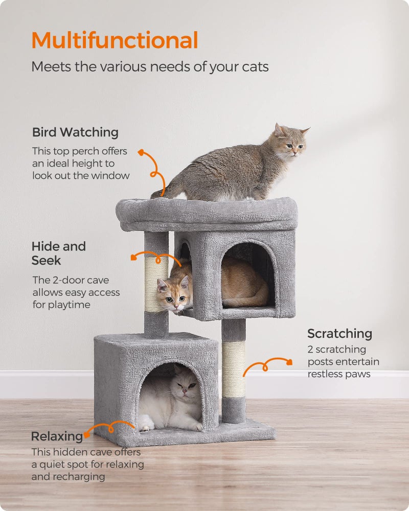 Feandrea Cat Tree, 29.1-Inch Cat Tower, Plush Condo for Medium Cats up to 11 lb, Large Perch, 2 Caves, Scratching Post, Light Gray UPCT612W01 - Image 4