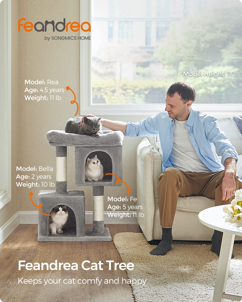 Feandrea Cat Tree, 29.1-Inch Cat Tower, Plush Condo for Medium Cats up to 11 lb, Large Perch, 2 Caves, Scratching Post, Light Gray UPCT612W01 - Image 2