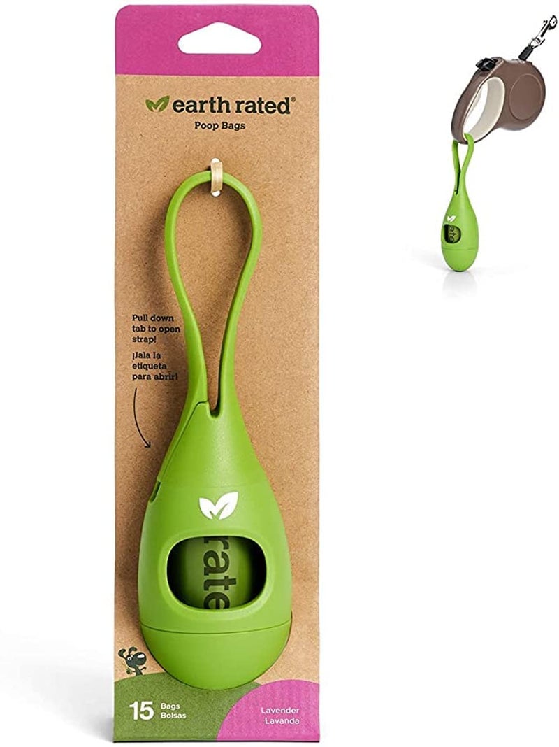 Earth Rated Dog Poop Bag Holder with Dog Poop Bags, Durable and Guaranteed Leakproof, Lavender Scented, 1 Dispenser and 15 Bags - Image 1