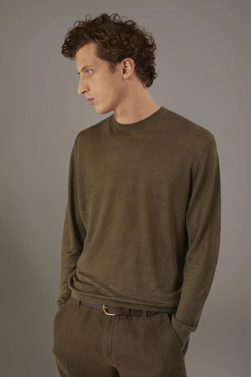 دوبل غانغر Round neck sweater 100% linen - Military