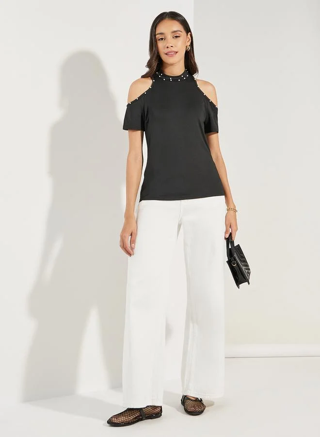 Styli Styli Embellished Cold Shoulder Sleeves Top