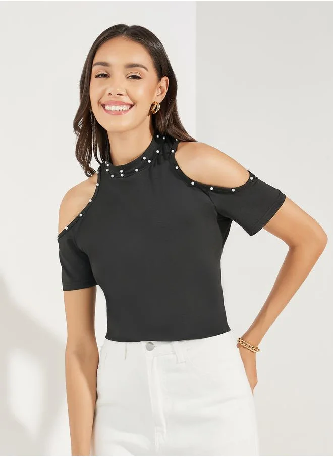 Styli Embellished Cold Shoulder Sleeves Top