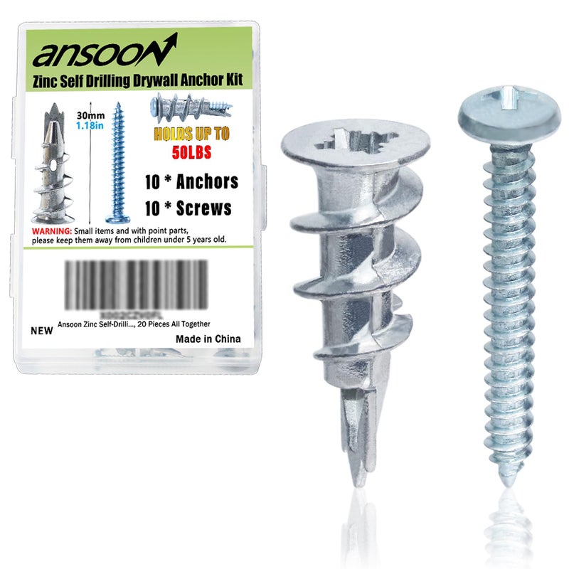 Ansoon Zinc Self-Drilling Drywall Anchors, Hollow Metal Wall Anchors and Screws Kit, 10 Heavy Duty Anchors + 10#8 x 1-1/4'' Screws for Hanging and Mountingï¼Œ 20 Pieces All Together - Image 1