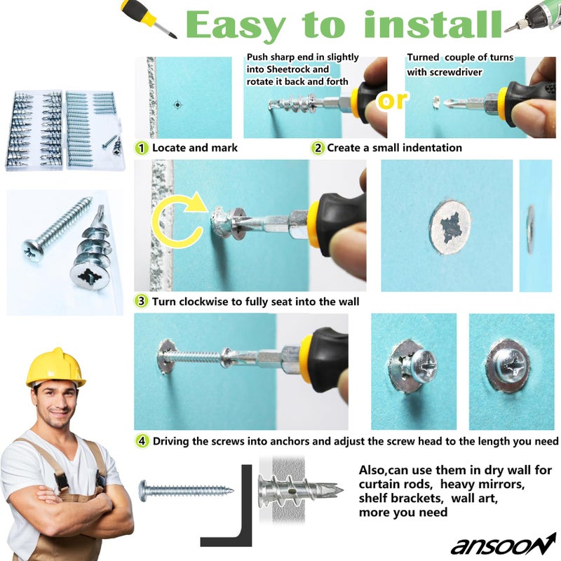 Ansoon Zinc Self-Drilling Drywall Anchors, Hollow Metal Wall Anchors and Screws Kit, 10 Heavy Duty Anchors + 10#8 x 1-1/4'' Screws for Hanging and Mountingï¼Œ 20 Pieces All Together - Image 4