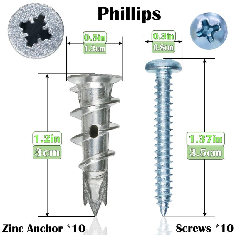 Ansoon Zinc Self-Drilling Drywall Anchors, Hollow Metal Wall Anchors and Screws Kit, 10 Heavy Duty Anchors + 10#8 x 1-1/4'' Screws for Hanging and Mountingï¼Œ 20 Pieces All Together - Image 2
