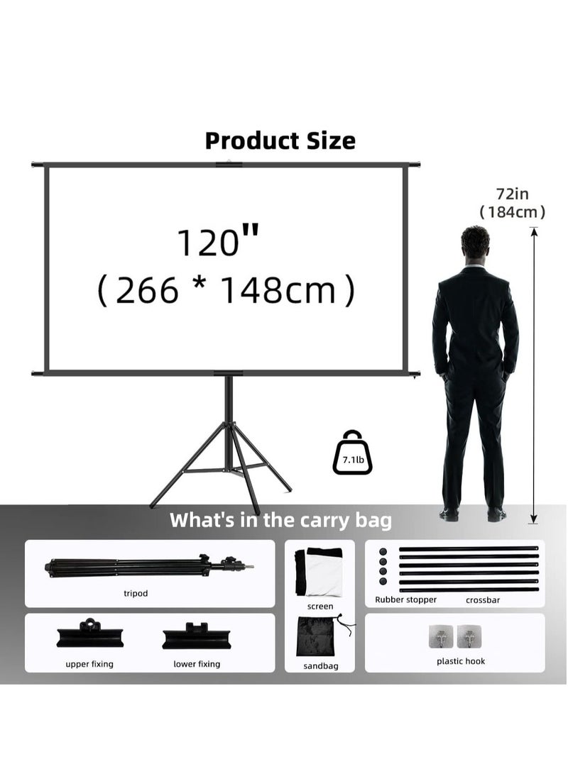 Portable 120 inch 16:9 Foldable Projection Screen Soft Curtain With Tripod Stand and Carrying Bag for Indoor Outdoor Home Theater Backyard Cinema Travel