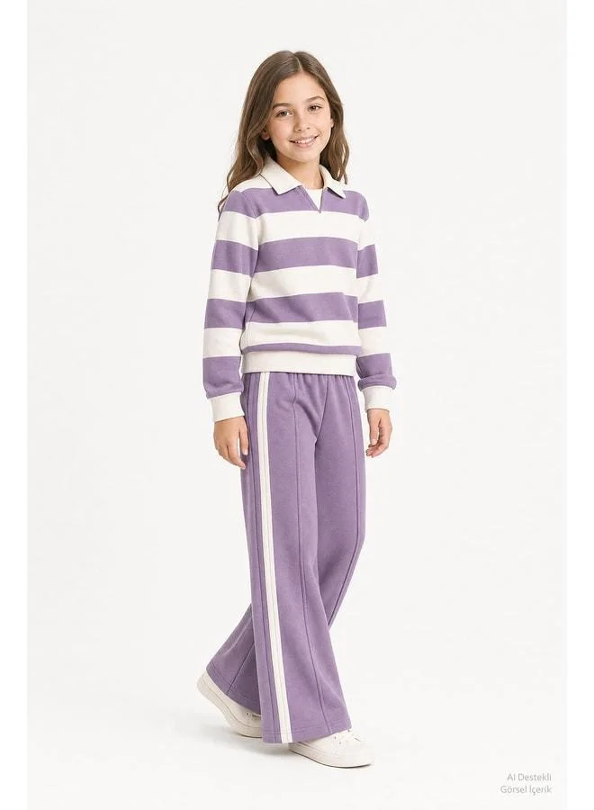 Perendi Girl's Striped Sweatshirt and Wide-leg Tracksuit Set