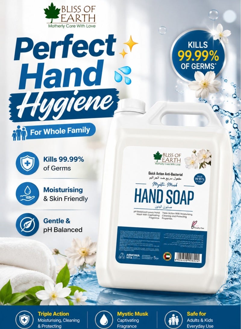 Bliss of Earth Antibacterial Hand Wash Refill Refreshing Mystic Musk Hand Soap 5 Liter Non Drying Moisturizing Formula Aromatic Fragrance Perfect Hand Soap For Hotel Office Home and Public Spaces - Image 2