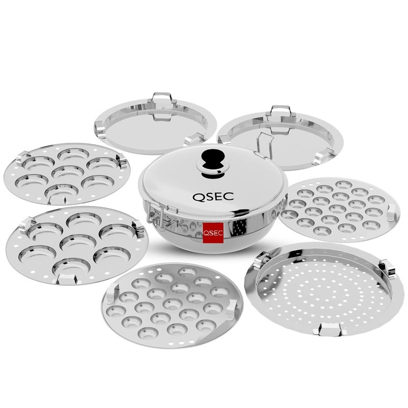 QSEC Stainless Steel Induction base Idli Maker Multi Kadai Idli Steamer & idli Cooker with 7 Plates | 2 Mini Idli | 2 idli | 2 Dhokla | 1 Momo… - Image 1