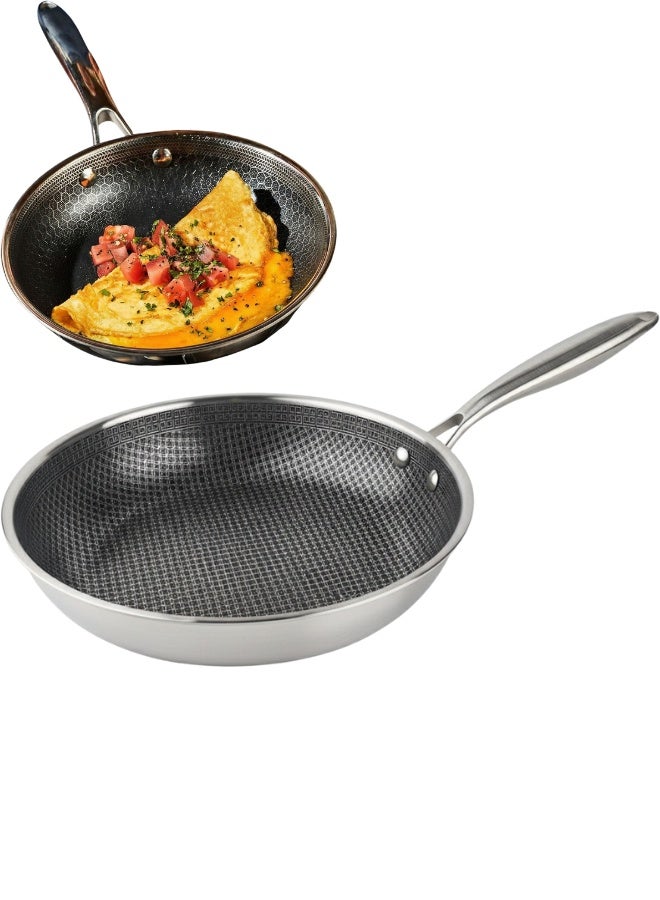مقلاة غير لاصقة مقاس 24 سم ثلاثية الطبقات من الستانلس ستيل بجودة عالية ومعايير ألمانية أصلية، قاعدة ثلاثية الطبقات من ستانلس 316 وألومنيوم وستانلس 430 لضمان توزيع حرارة مثالي، مقاومة للخدش وخالية من المواد الضارة مثل PFAS، مناسبة لجميع أنواع المواقد بما فيها الحثي، مقبض بارد لا ينقل الحرارة، آمنة للغسل في غسالة الأطباق وتتحمل حرارة الفرن بدرجة عالية، مثالية للقلي والتحمير والطهي الاحترافي، أداء قوي مع طبقة مقاومة للالتصاق لتسهيل الاستخدام والتنظيف، متينة وتدوم طويلًا وتناسب الاستخدام اليومي في المطابخ المنزلية والمهنية - Image 1