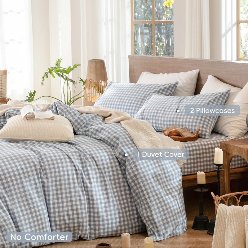 MooMee Gingham Duvet Cover Set 100% Washed Cotton Linen Like Textured Breathable Durable Soft Comfy Modern Checkered Design (Classic Gingham Cornflower Blue, Oversized Full 82"x86") - Image 2