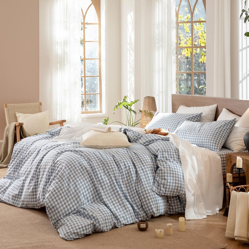 MooMee Gingham Duvet Cover Set 100% Washed Cotton Linen Like Textured Breathable Durable Soft Comfy Modern Checkered Design (Classic Gingham Cornflower Blue, Oversized Full 82"x86") - Image 3