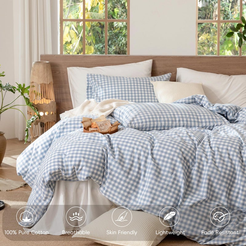 MooMee Gingham Duvet Cover Set 100% Washed Cotton Linen Like Textured Breathable Durable Soft Comfy Modern Checkered Design (Classic Gingham Cornflower Blue, Oversized Full 82"x86") - Image 4