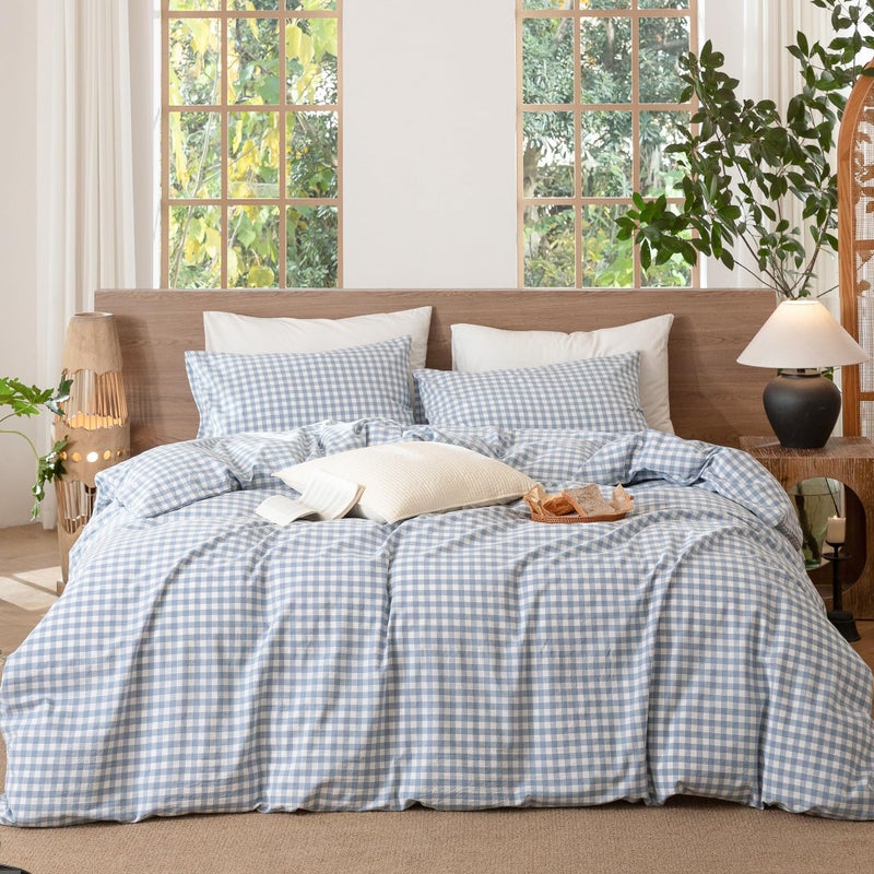 MooMee Gingham Duvet Cover Set 100% Washed Cotton Linen Like Textured Breathable Durable Soft Comfy Modern Checkered Design (Classic Gingham Cornflower Blue, Oversized Full 82"x86") - Image 1