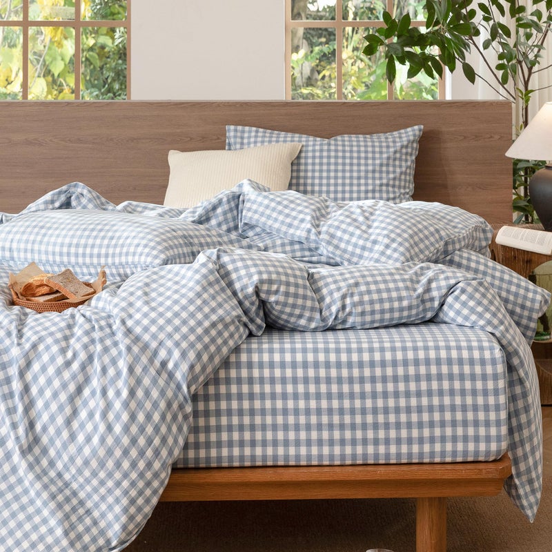 MooMee Gingham Duvet Cover Set 100% Washed Cotton Linen Like Textured Breathable Durable Soft Comfy Modern Checkered Design (Classic Gingham Cornflower Blue, Oversized Full 82"x86") - Image 5