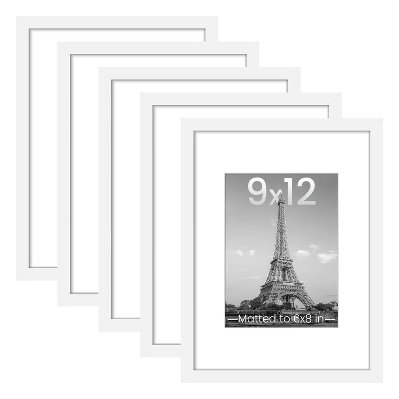upsimples upsimples 9x12 Picture Frame Set of 5 Display Pictures 6x8 with Mat or 9 x 12 Without Wall Gallery Photo Frames White