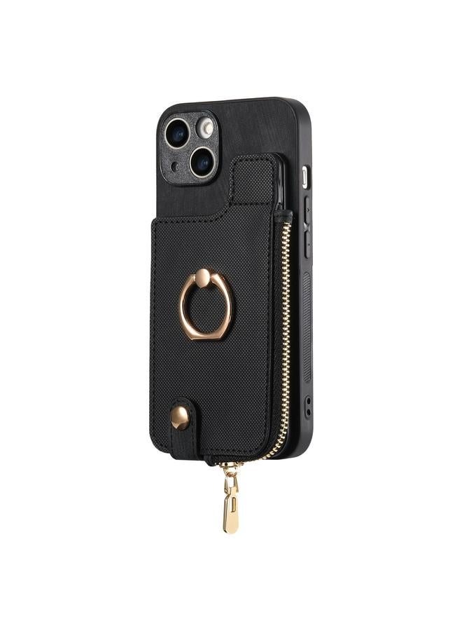 زبون جراب لهاتف iPhone 13 Pro مع حلقة جلدية متقاطعة وسحاب عمودي ومحفظة خلفية للهاتف - Image 2