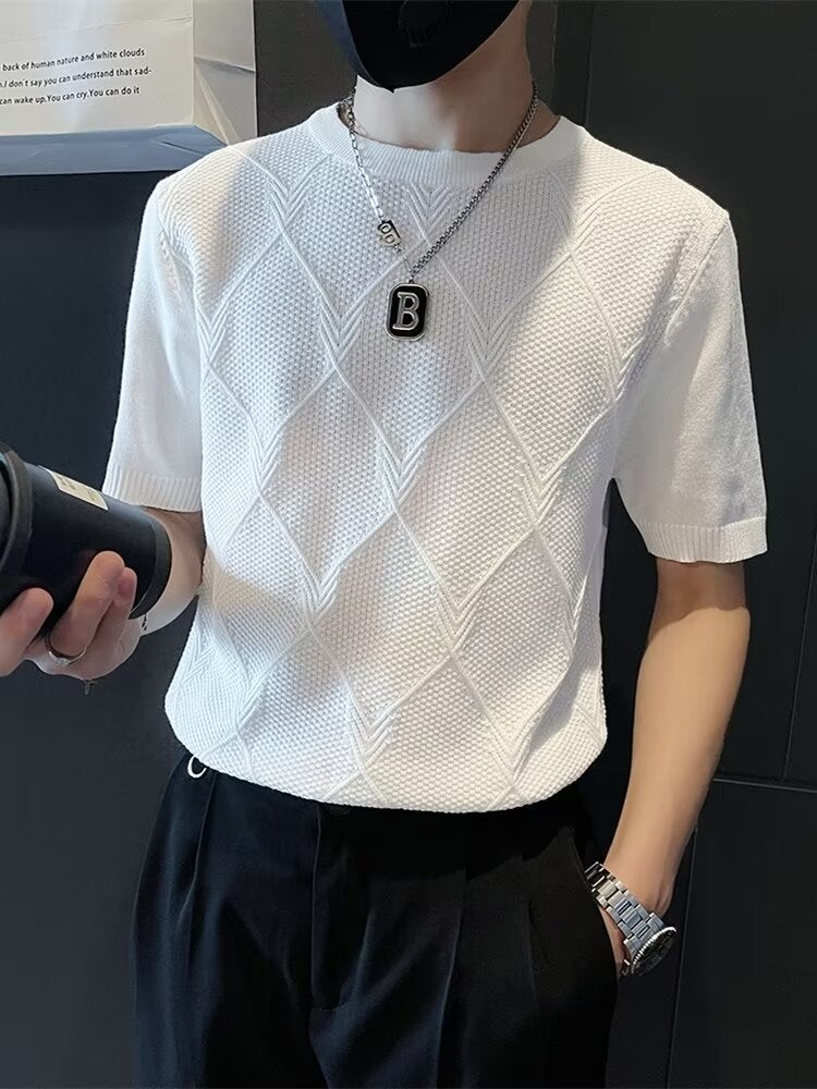 Ice Silk Short-sleeved T-shirt Men's Summer Thin Trendy Brand Knitwear Top Slim Stretch Breathable British Yuppie Men's Clothing - Image 3
