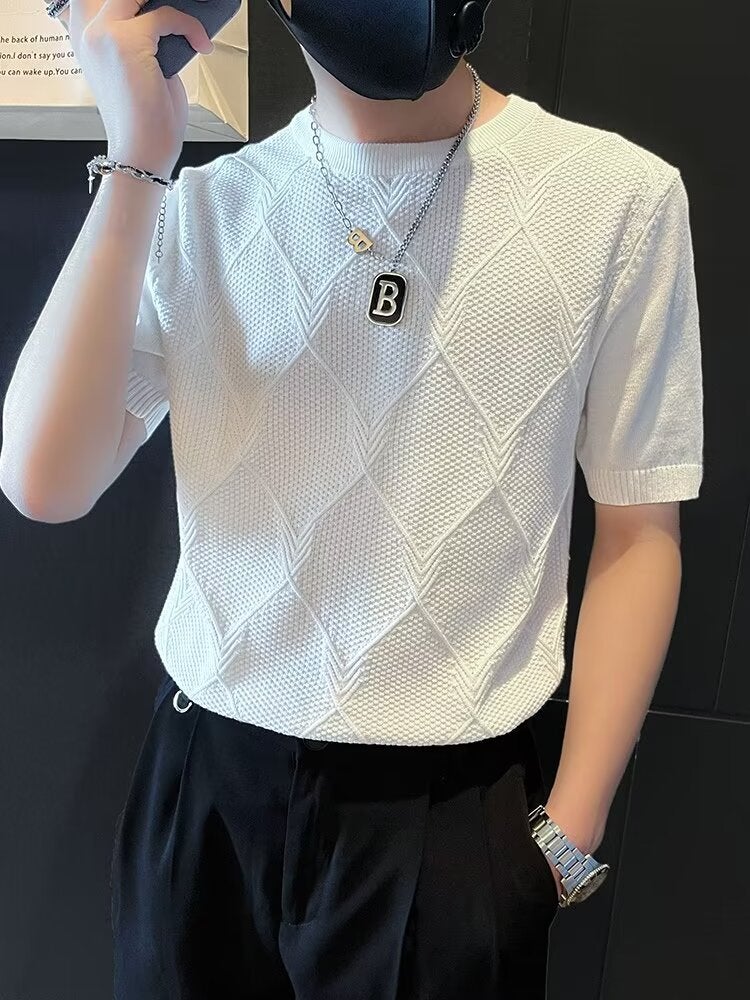 Ice Silk Short-sleeved T-shirt Men's Summer Thin Trendy Brand Knitwear Top Slim Stretch Breathable British Yuppie Men's Clothing - Image 2