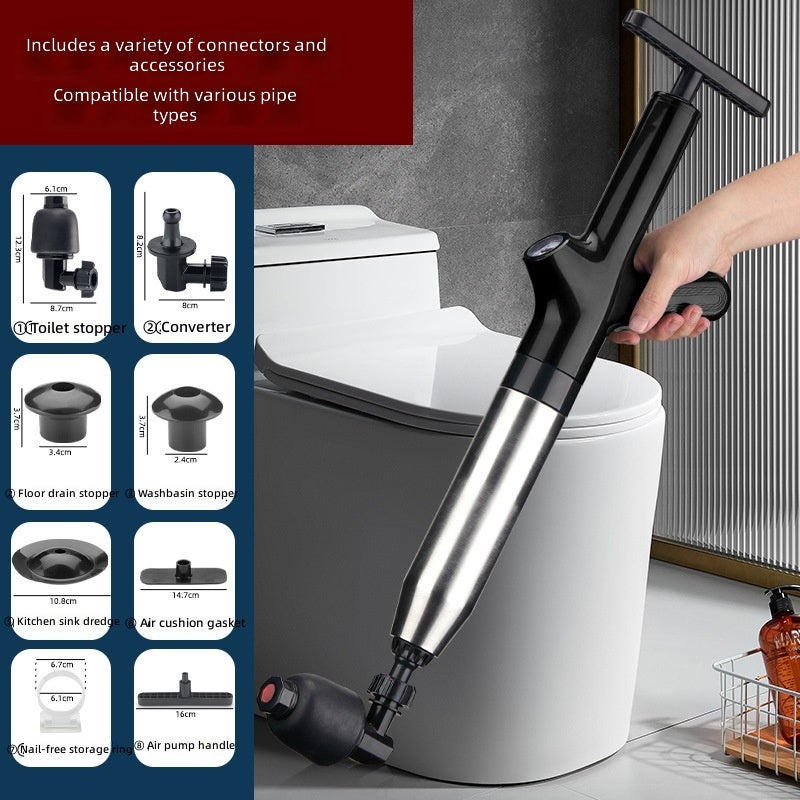 New High Pressure Drain Blaster – Stainless Steel Toilet Plunger & Pipe Unblocker, Powerful Air Drain Gun for Clogged Sinks, Floor Drains & Sewer Lines