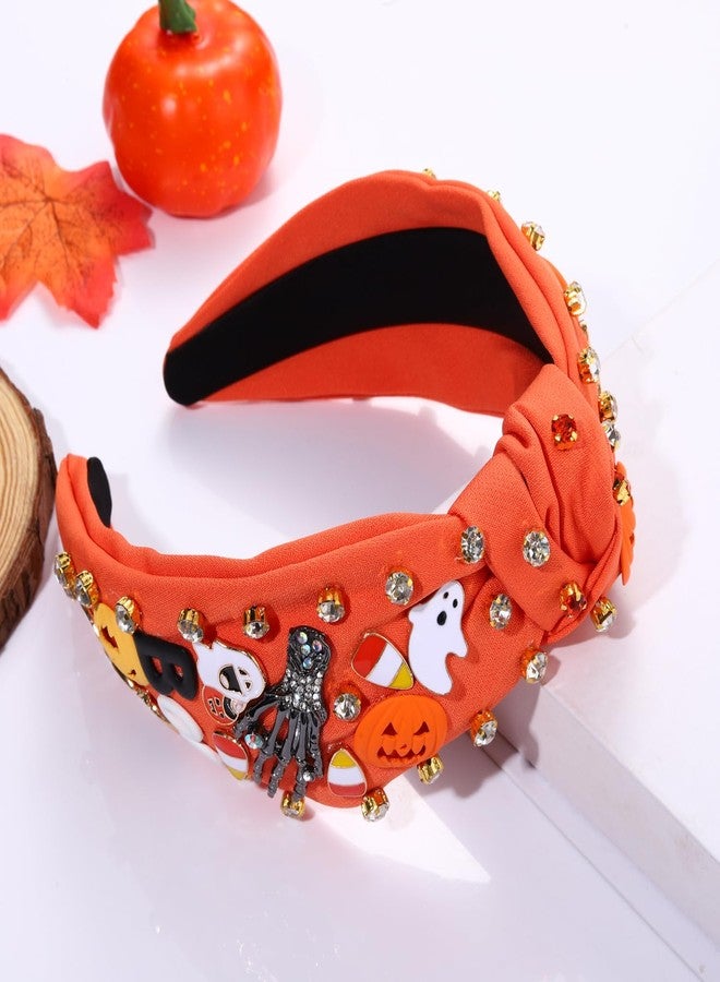 PHALIN Halloween Headband for Women Halloween Accessories Rhinestone Beaded Candy Corn Pumpkin Knotted Headband Costume Gifts (Boo Orange) - Image 2