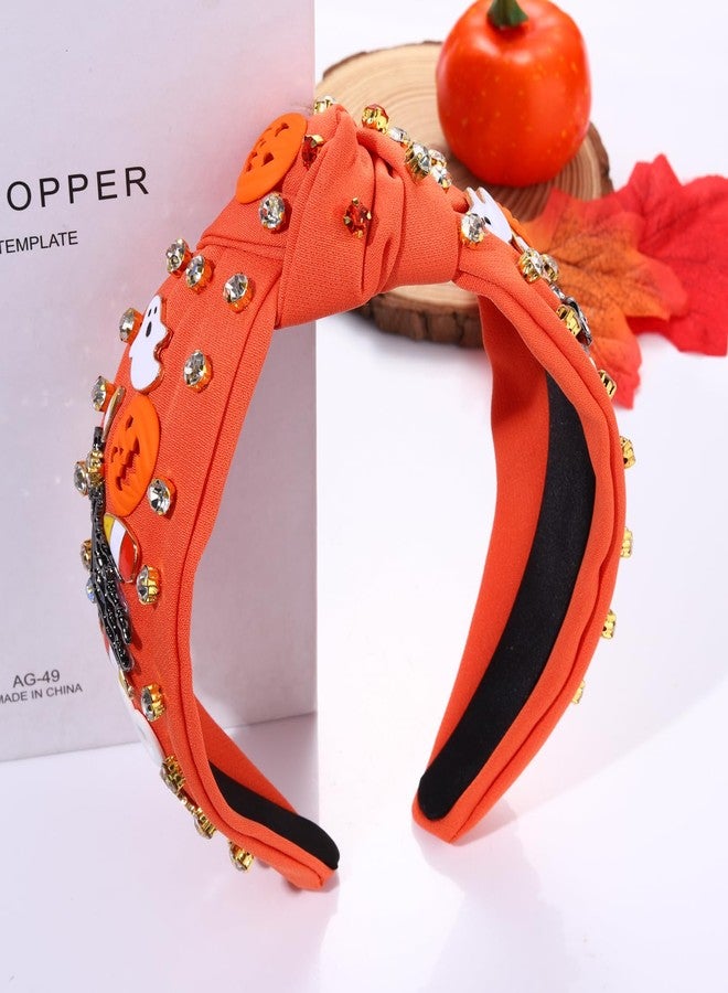 PHALIN Halloween Headband for Women Halloween Accessories Rhinestone Beaded Candy Corn Pumpkin Knotted Headband Costume Gifts (Boo Orange) - Image 3