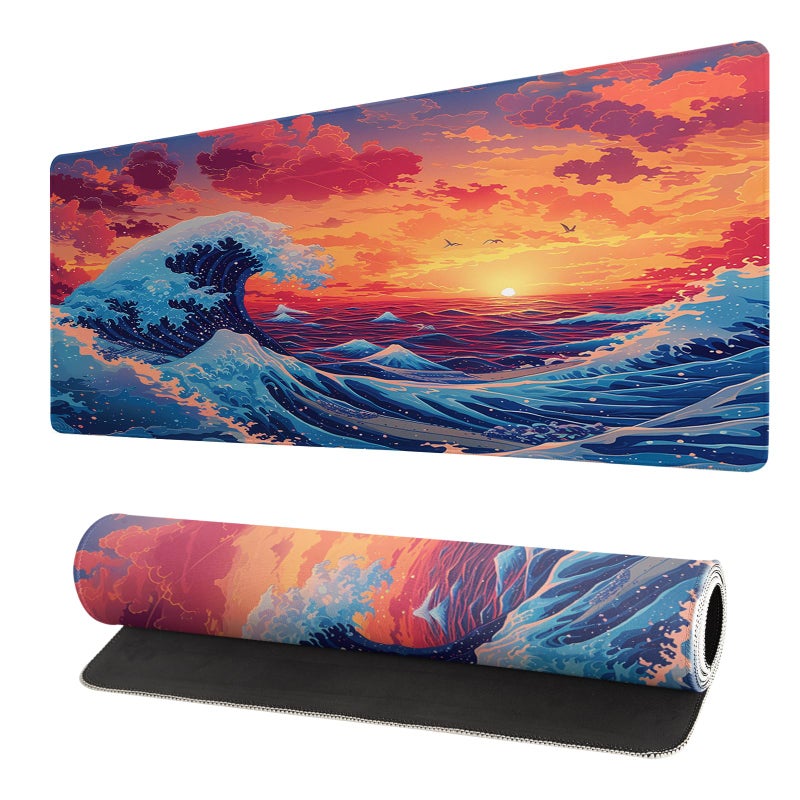 Brecoy Gaming Mouse Pad Desk Pad,Extended Big Mouse Pad,31.5x11.8 Inch Long Computer Keyboard Mouse Mat Mousepad with 3mm Non-Slip Base and Stitched Edge for Gaming and Officeâ€¦ (Sunset Wave) - Image 1