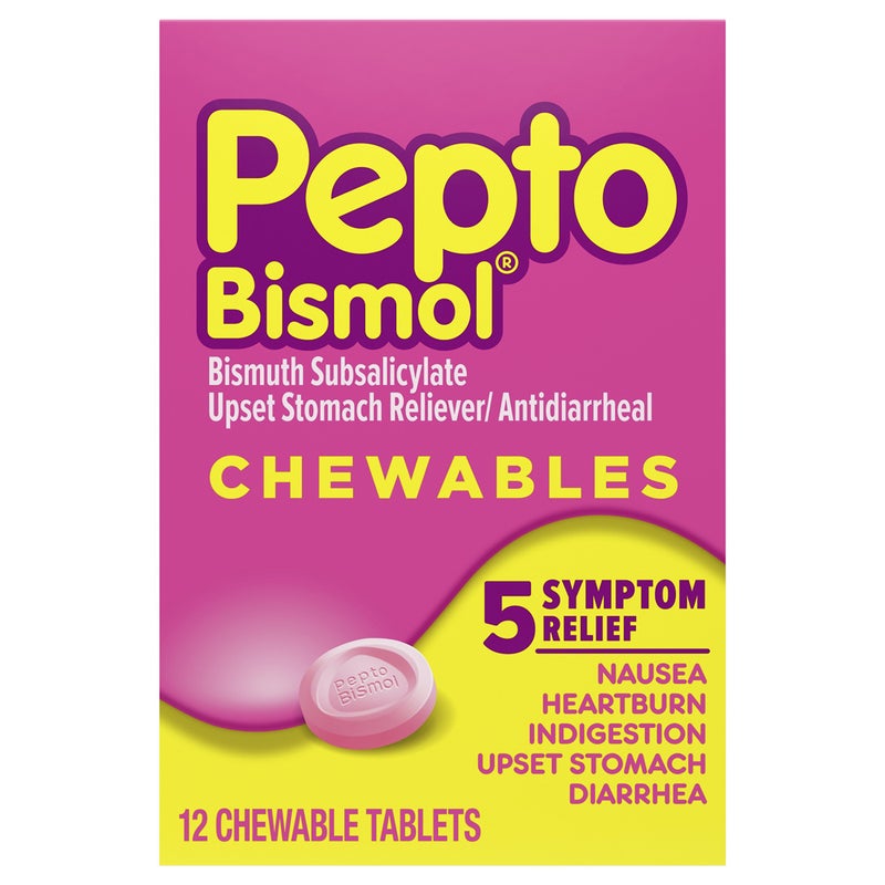Pepto Bismol Chewable Tablets, Upset Stomach Relief, Nausea Relief, Heartburn Relief, Indigestion Relief, Anti Diarrhea Medication for Adults - 5 Symptom Relief, 12 ct - Image 1