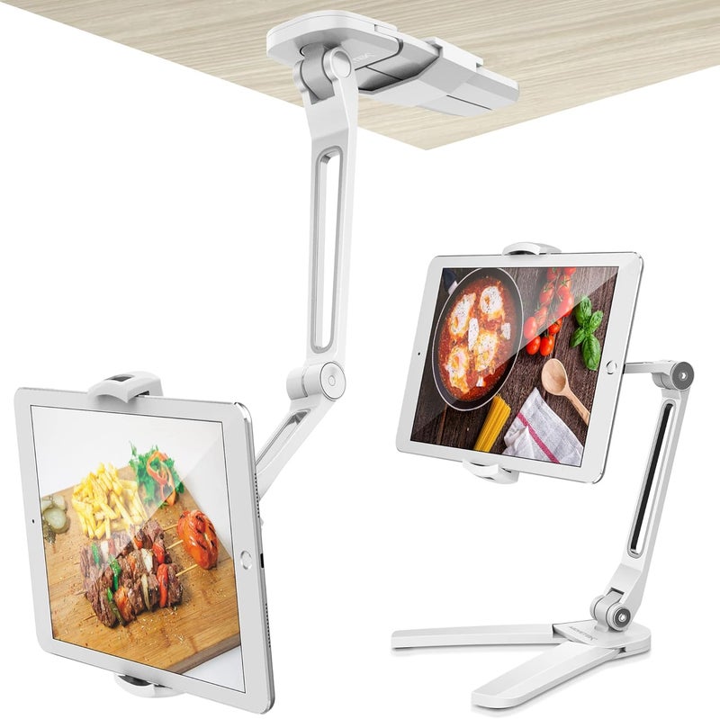 AboveTEK Kitchen Tablet Stand – HIGHFlex 360 Superior Strength Portable 4.7 to 13.5 Inch Universal Tablet Stand & Phone Holder for Kitchen, Counter & Wall – 4 PT Wobble Free Mount (White) - Image 1