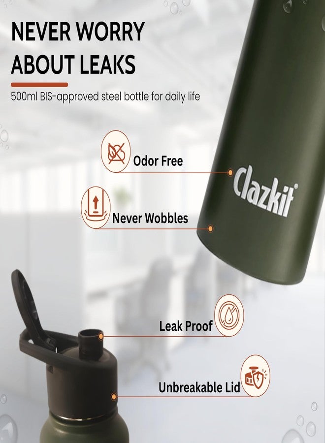 Clazkit Alpha Sporty Stainless Steel Water Bottle Single Wall 500ml| Lightweight, Leak-Proof, Reusable | Ideal for School Kid, Office, Gym & Travel | Green - Image 3