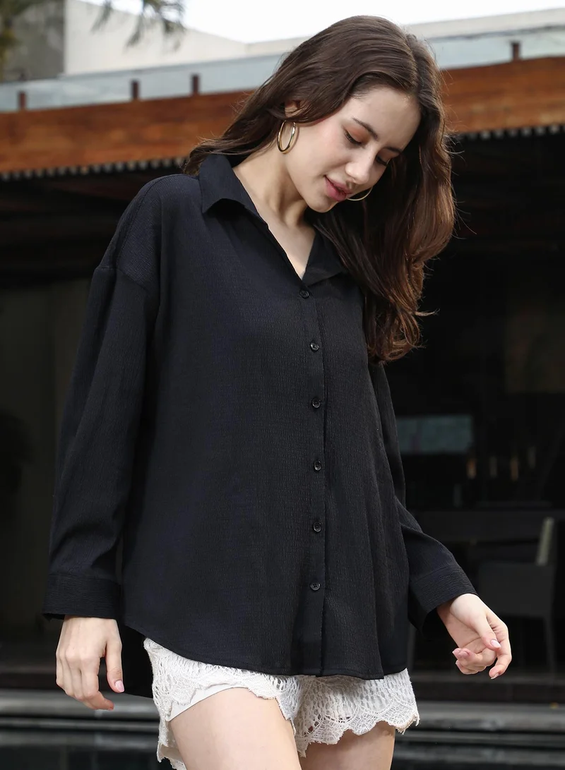 PINACOLADA Women's Onyx Black Crease-Lined Textured Oversized Shirt Women's Onyx Black Crease-Lined Textured Oversized Shirt for Women | Best Price UAE