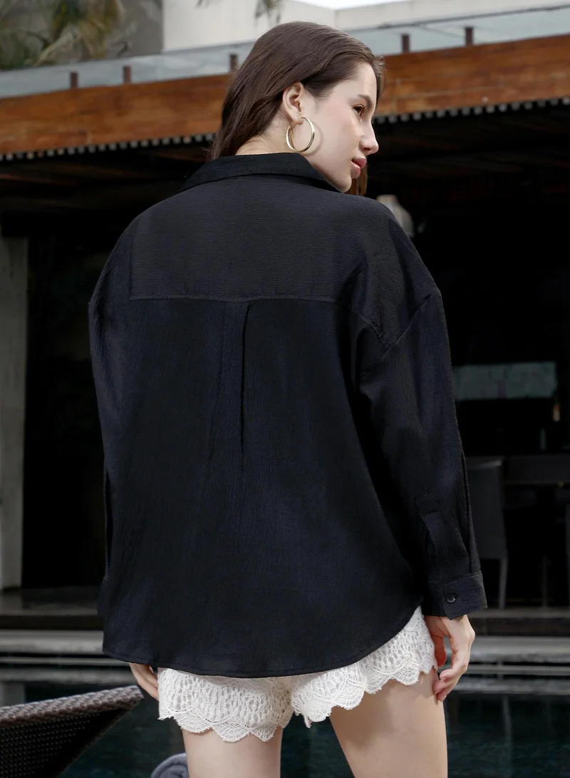 PINACOLADA Women's Onyx Black Crease-Lined Textured Oversized Shirt Women's Onyx Black Crease-Lined Textured Oversized Shirt for Women | Best Price UAE