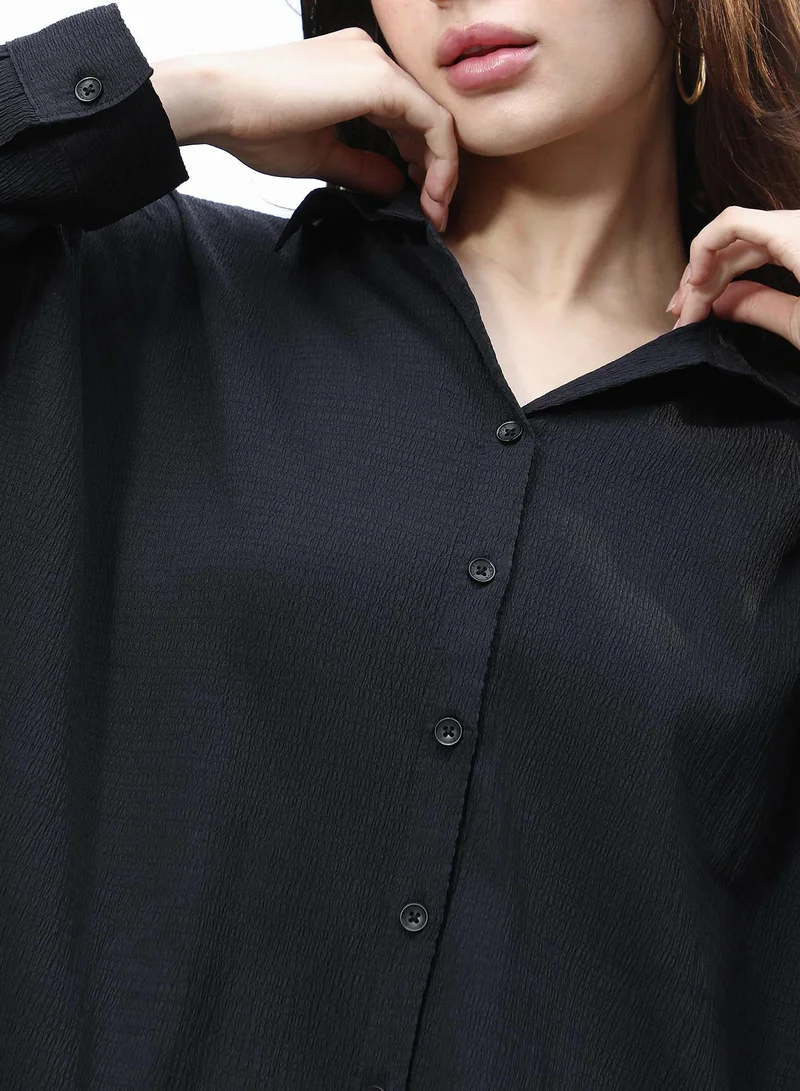 PINACOLADA Women's Onyx Black Crease-Lined Textured Oversized Shirt Women's Onyx Black Crease-Lined Textured Oversized Shirt for Women | Best Price UAE